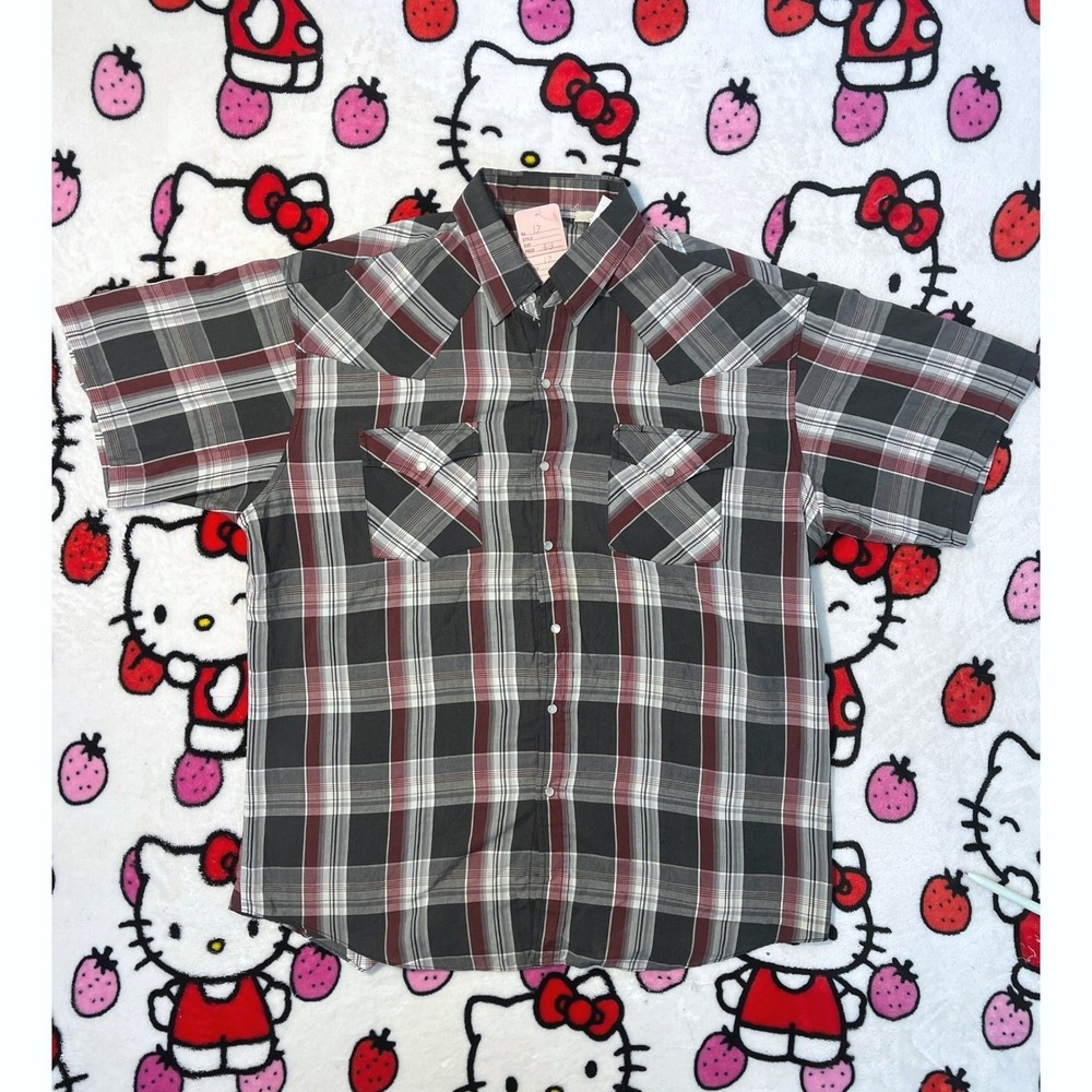 Ely Cattleman Mens Western Pearl Snap Shirt Plaid Short Sleeve Burgundy Black